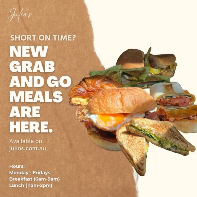 Our new Grab & Go menu is here! 🎉

Featuring delicious, fresh, and fast breakfast and lunch options perfect for your busy day ahead! 🥐🥪

Convenience never tasted better – which one will you try first? 😋

See the full menu at julios.com.au or visit us today!

#juliositalian #grabandgo #breakfastandlunch #pertheats