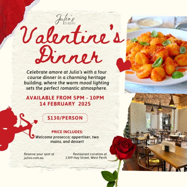 Looking for the perfect date night spot this Valentine's Day? 💕🍝

Indulge in a romantic 4 course dinner at our cosy Italian restaurant for only $130 per person! 🍷🍽

Don't wait till the last minute! Book now to ensure you and your loved one have a night to remember. ⏳👉 julios.com.au 

#julios #italian #valentinesday #romance #dinner #pertheats