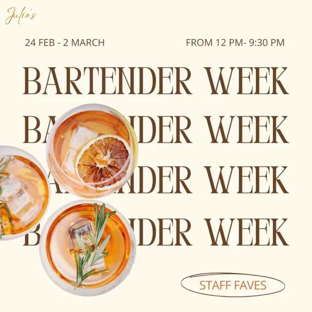 Let’s raise a glass to National Bartender Day! 🍹🎉

We’re celebrating all week with staff favourites starting Monday 24 Feb, so there’s a perfect drink for everyone to enjoy!

What drink are you most excited to try? Tag a friend you’d love to share it with! 🥂

#julios #italian #bartenderweek #drinkoftheday #happyhour #perthtodo