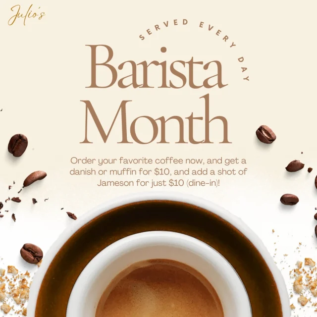 Celebrate Barista Month at Julio’s! 🎉☕
 
Fuel your day with the perfect brew and choice of danish or muffin! 

Feeling adventurous? Add a shot of Jameson for $10 (dine in only).

📍 1309 Hay Street, West Perth 
🕓 8am to 12pm
 
#julios #baristamonth #coffeelovers #pastry #pertheats #supportlocal