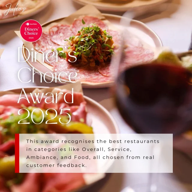 We're excited to share Julio’s has won the 2025 Diners’ Choice Award! 🎉🏆

A huge thank you to our incredible guests for your valuable feedback. We’re truly honoured to be recognised for our exceptional service, food, ambiance, and overall experience!

Book your next unforgettable dining experience [link in bio]

#juliositalian #italian #award #opentable #dinerschoice #guestappreciation #pertheats #todoperth