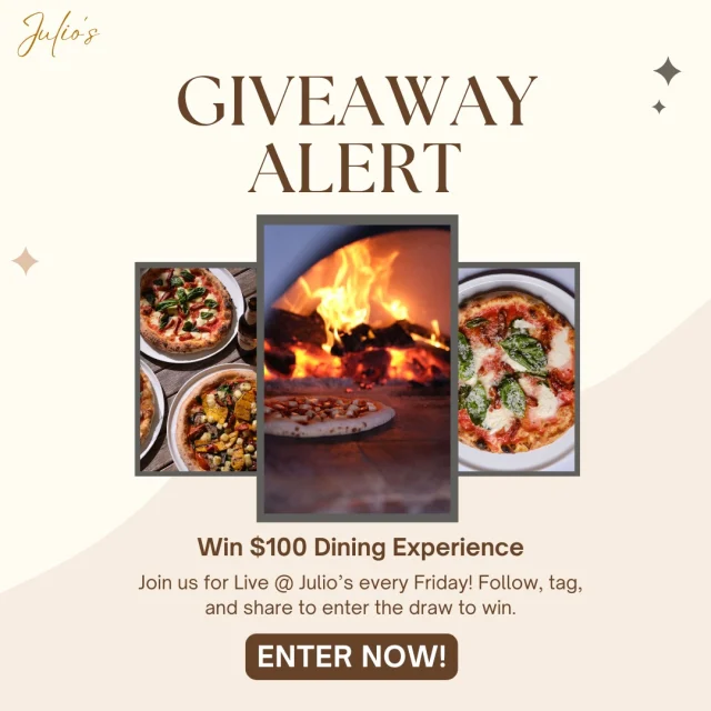 ✨ Want to WIN a $100 dining experience? ✨

Gather your squad and make it a Friday to remember at Live @ Julio's tomorrow (and every Friday)! 🎶🍕

Enjoy wood-fired pizza, happy hour specials, live music, and a chance to win a $100 Julio's Italian gift voucher! 🙌

How to Enter: 
📸 Snap a pic at the venue 
👍 Follow us 
🏷️ Tag us 
🔄 Share your post 

The more you share, the bigger your chances to WIN! 🎉

See you at Julio’s tomorrow! 🔥

#JuliosItalian #Giveaway #PerthEats #FoodiePerth #EatLocal #PerthFoodies #pizza #westperth