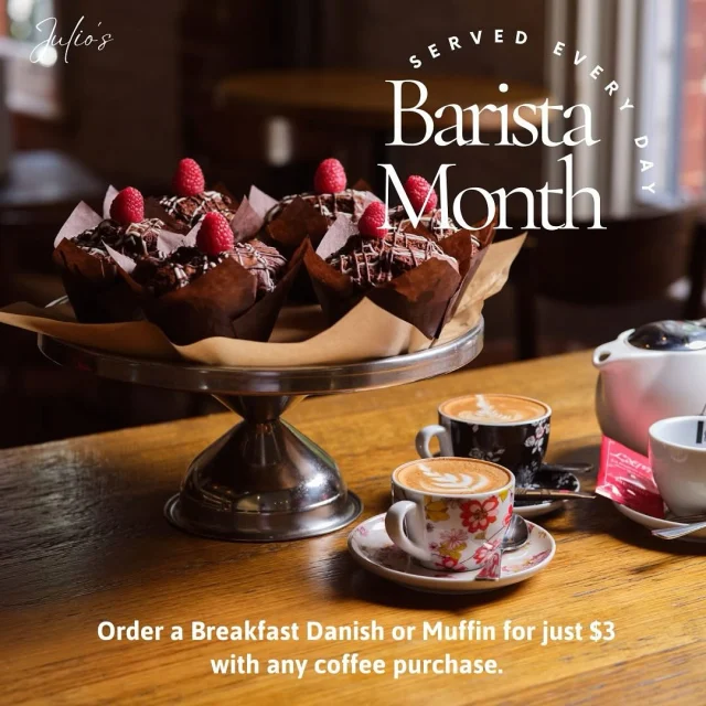 🎉 Celebrate Barista Month at Julio’s! 🎉

This month, we’re raising our cups to the masters of coffee! ☕  Fuel your day with a delicious Breakfast Danish or Muffin for just $3 with any coffee purchase.

Feeling adventurous? Add a shot of Jameson for an extra $10 (dine in only).

📍 1309 Hay Street, West Perth
🕓 8am to 12pm
 
#julios #baristamonth #coffeelovers #pastry #pertheats #supportlocal