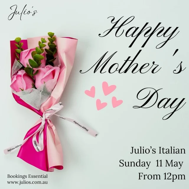 🌷 Treat Mum to Something Truly Special 🌷

Our talented team are serving a beautifully curated menu of authentic Italian dishes the whole family will love.

📅 Sunday 11 May | 🕛 From 12pm
👩‍👧‍👦 $90 per adult | $20 per child
📣 Bookings are essential

Reserve your table now and view the full menu 👉 https://julios.com.au/mothers-day-lunch/

#juliositalian #mothersdays #familyfriendly #pertheats #todoperth