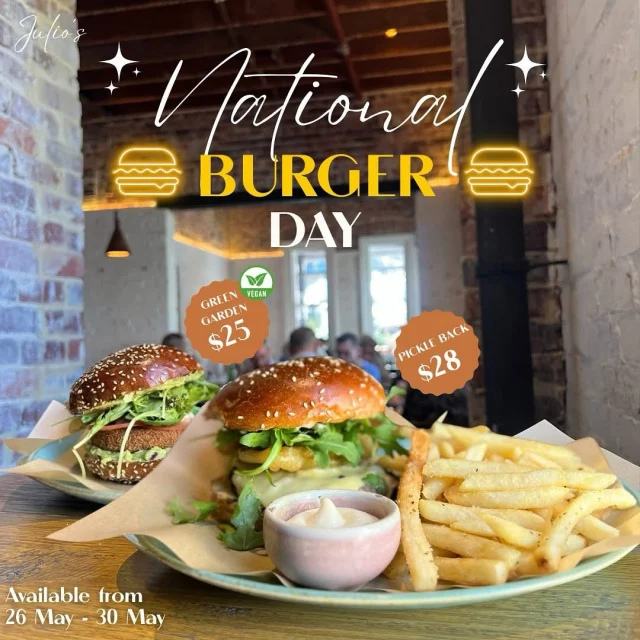 🔥 National Burger Day is here next week for lunch only. 🔥

From 26–30 May we’ll be serving:
 
🍔 The Pickle Back – wagyu, Swiss, beer-battered pickles, Dijon, aioli.

🌱 Green Garden (vg) – veggie patty, avo, vegan mayo, salad greens.
 
Both served with crispy Manjimup chips.

Beer or wine? Just $5–$8.
 
Five days only. Don’t miss it.

#juliositalian #nationalburgerday #burger #pertheats #lunch