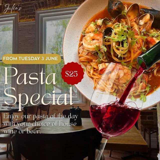 Winter calls for pasta & pours 🍝🍷

Slow down, settle in, and savour comfort at its best. For just $25, enjoy Chef’s pasta of the day paired with a glass of house wine or beer - perfect for a midweek treat or catching up with friends over lunch.

Housed in our beautiful heritage building, Julio’s is the kind of place that invites you to linger.

🔗 Book now [link in bio] 

#juliositalian #pertheats #pasta #italianfood #westperth