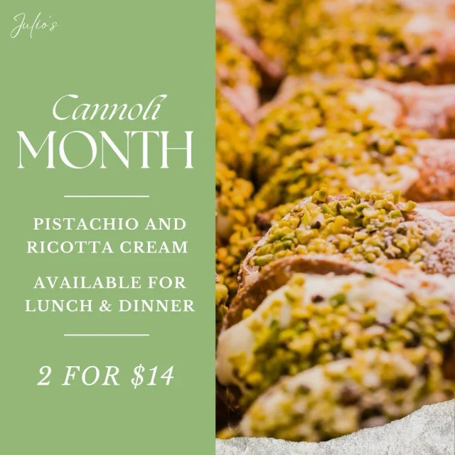 Got room for dessert? You’ll want to save it for this. 💚

Pistachio is having its moment and we’ve folded it into silky ricotta cream and wrapped it in a golden, crunchy cannoli shell. 😍

It’s everything you didn’t know you needed…but it’s here only for June.

Here for a good time, not a long time - swing by for lunch or dinner and treat yourself to this iconic Italian delight this month. 

#juliositalian #italianfood #nationalcannoliday #pistachio #dessert #pertheats #perthfoodie #perthtodo