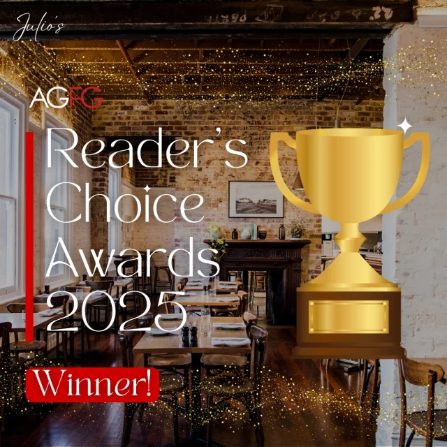 We’re officially a 2025 Readers’ Choice Award winner! 🏆

This award is extra special because it’s chosen by you - our incredible community of diners, supporters and food lovers.

The Readers’ Choice Awards are run by the Australian Good Food Guide (AGFG) to highlight venues that consistently go above and beyond based on genuine customer feedback and reviews.

To be recognised in this way means the world to our team. It reflects the care, passion and dedication we pour into every plate, every service and every guest experience.

From all of us at Julio’s Italian, thank you for your continued support. We truly couldn’t have done it without you. 💛

#JuliosItalian #ReadersChoiceAward #AGFG #PerthEats #ItalianFoodPerth #PerthRestaurants #PerthHospitality