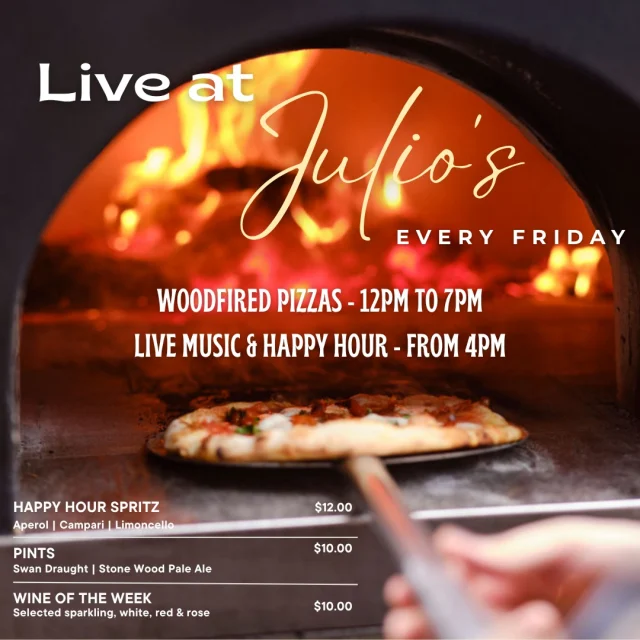 🎉 It’s back! Live at Julio’s kicks off TOMORROW 🍕🎶

Pizza. Live music. Happy hour. Repeat. 🥂✨

Grab your crew and let the weekend begin!🔥

#juliositalian #liveatjulios #pertheats #happyhour #weekendvibes