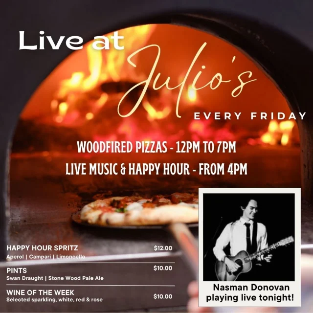🎶 Live at Julio’s tonight! 🎶

The perfect Friday night awaits. Get ready for good vibes, great food and incredible music as the one-and-only @nasmandonovan takes the stage! 🍷✨

Whether you’re unwinding after work, catching up with friends, or just chasing the weekend feeling, this is the day you don’t want to miss. Grab your crew, sip something sparkling and let the music set the tone.

Walk-ins welcome or book your table now!

#JuliosItalian #LiveMusic #PerthThingsToDo #PerthNightLife #WestPerth