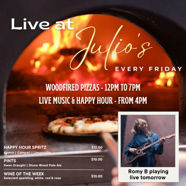 🎶 Live at Julio’s tomorrow night! 🎶

The perfect Friday night awaits. Get ready for good vibes, great food and incredible music as the one-and-only Romy B takes the stage! 🍷✨

Whether you’re unwinding after work, catching up with friends, or just chasing the weekend feeling, this is the day you don’t want to miss. Grab your crew, sip something sparkling and let the music set the tone.

Walk-ins welcome or book your table now! [link in bio]

#JuliosItalian #LiveMusic #PerthThingsToDo #PerthNightLife #WestPerth