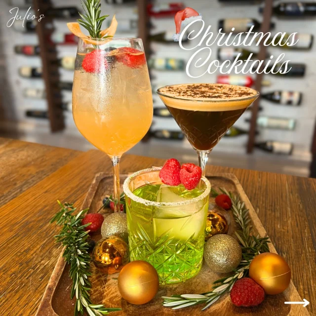 Get into the spirit with our Christmas cocktail trio! ✨

🎄 Natale Spritz – bright, bubbly & bursting with citrus.

🌰 The Nutcracker – nutty, smooth, and dangerously drinkable.

💚 The Grinch – crisp, green, and guaranteed to make your heart grow three sizes.

Sip, celebrate, repeat. 🍸

Available for a limited time only!

#juliositalian #perthbar #westperth #christmascocktails