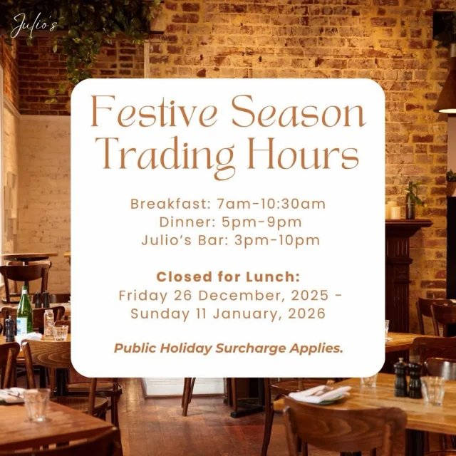 Buon Natale & Happy New Year from all of us at Julio’s Italian! 🎅🎄

Planning a visit after the holidays? Check our festive trading hours and make the most of your next trip to Julio’s.

Book now [link in bio]