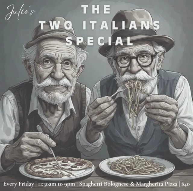 When pizza meets pasta, everyone wins 🇮🇹🍝🍕 

Spaghetti Bolognese 🤝🏽 Margherita Pizza

Every Friday | 11:30am - 9pm | $40 

BOOK NOW
www.julios.com.au 
 
#juliositalian #westperth #italianfood #friday