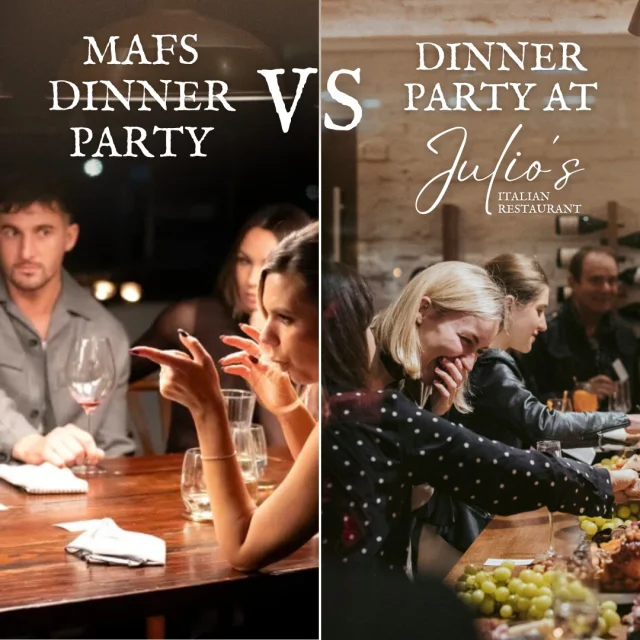 If last night’s explosive MAFS dinner party taught us anything… not every dinner needs secret screenshots, public call‑outs, or someone yelling across the table. 👀🍽️
 
Host your own dinner party at Julio's where the only hot takes come from the kitchen. 🔥
 
Our private dining room at Julio’s serves authentic Italian cuisine, flowing wine, zero drama, and absolutely no one walking out before dessert.
 
Book your next dinner party [link in bio]

#juliositalian #mafs #mafsau #pertheats