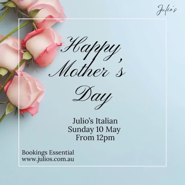 For the woman who brings everyone together ❤️

This Mother’s Day, slow down, gather the family and share a long lunch made with love at Julio’s Italian. 

Bookings essential. Secure your table [link in bio]

#juliositalian #mothersday #lunch #westperth