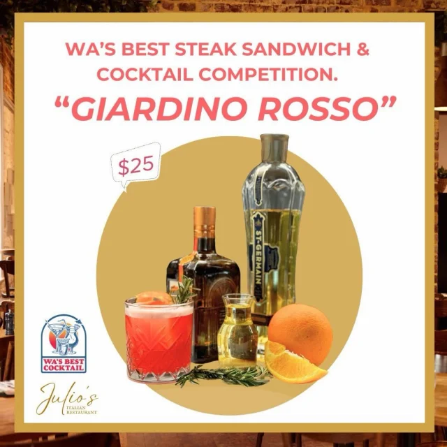Sunset in a glass 🌅🍸

Giardino Rosso combines blood orange, St‑Germain and rosemary to capture the Mediterranean flavours of Julio’s.

Taste it and cast your vote before 27 April [link in bio]

#JuliosItalian #perthcocktails #perthbar #westperth