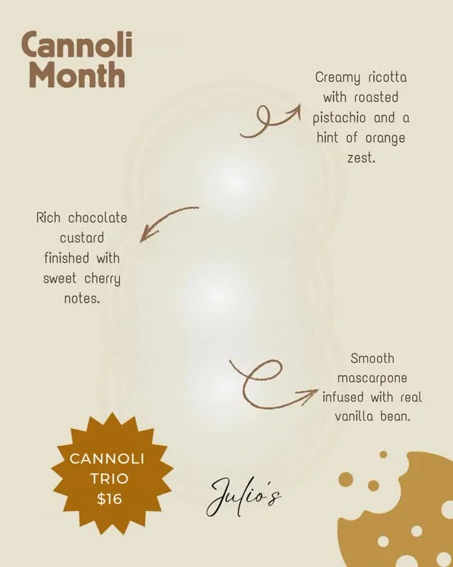 The debate starts after the first bite.

Pistachio & Orange Ricotta. 🧡
Vanilla Bean Mascarpone. 🤍
Chocolate Cherry Custard.🍫

Everyone has a favourite. Nobody agrees.

✨ Cannoli Trio | $16

Available throughout June.

📍 Julio’s, West Perth

 #JuliosPerth #ItalianDesserts #WestPerthEats #WestPerth #perthfoodie