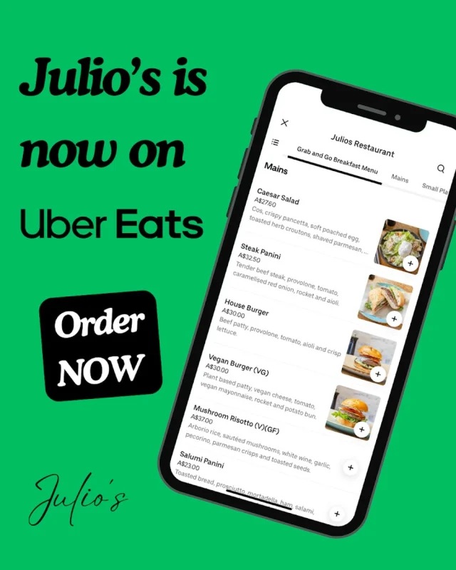 There’s a reason some dishes become favourites. 🍝✨

Now they’re only a few taps away.

Julio’s is officially on Uber Eats, bringing your favourite Italian classics from West Perth straight to your door. 🛵🇮🇹

Because great food should travel well.

📲 Order now via Uber Eats.

#JuliosItalianRestaurant #UberEats #PerthEats #PerthFoodie #perthfood