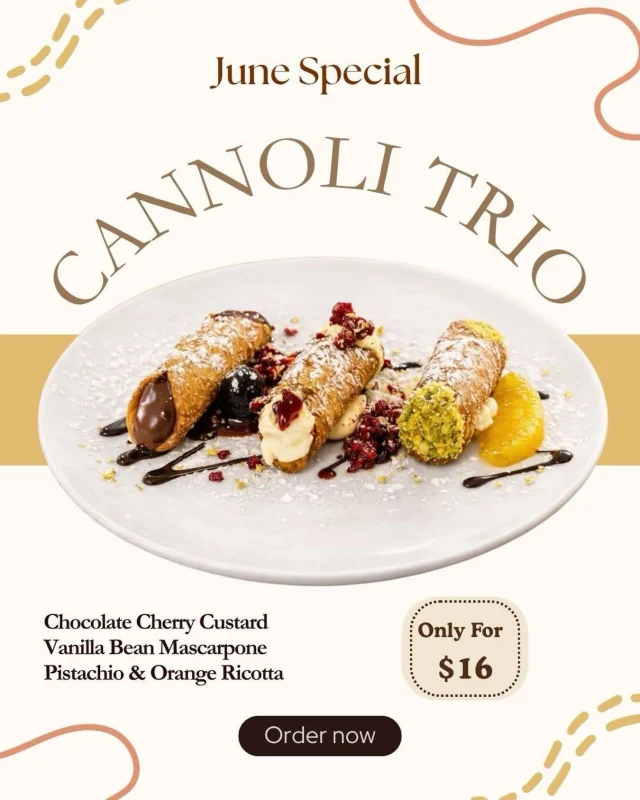 Three cannoli. Three personalities. One very easy decision.😍

Pistachio & Orange Ricotta brings the citrus.🧡

Vanilla Bean Mascarpone is the one you come back for.🤍

Chocolate Cherry Custard doesn’t believe in moderation.🍒🍫

Cannoli Month is on at Julio’s, with all three flavors available as a trio for $16 throughout June.

📍 Julio’s, West Perth

#JuliosWestPerth #CannoliMonth #PerthDesserts #WestPerthEats #PerthFoodScene