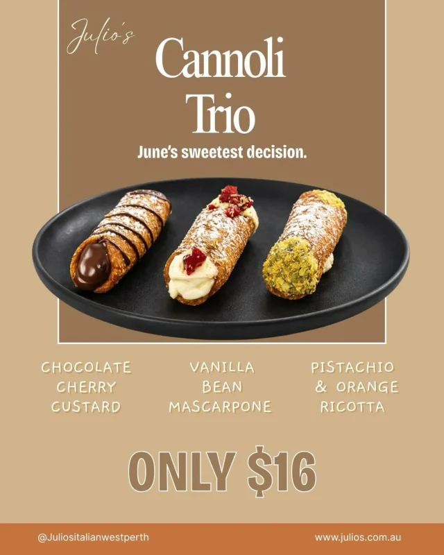 June has a sweet side. ✨

Our Cannoli Trio brings together three house favorites, Pistachio & Orange Ricotta, Vanilla Bean Mascarpone and Chocolate Cherry Custard—for $16.

No need to choose. Just enjoy.

📍 Julio’s, West Perth

 #JuliosWestPerth #WestPerthEats #perthfood #ItalianDesserts #perthfoodie
