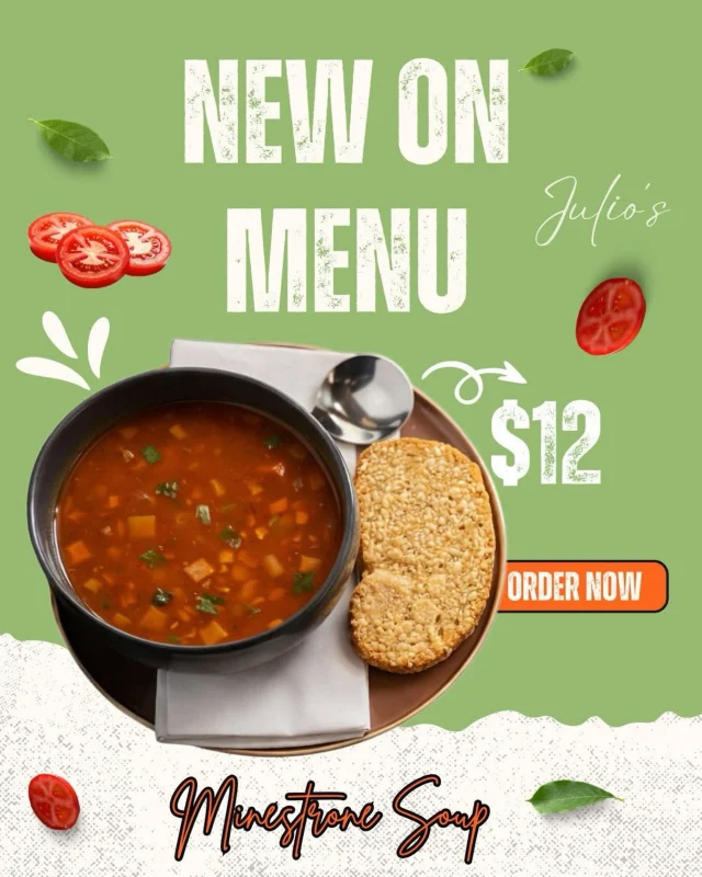 Perth’s finally feeling like winter.❄️

Which means it’s officially soup season.🍅🍲

Our new Minestrone Soup is now on the menu, served with sourdough bread and parmesan. 🥖🧀✨

#JuliosItalian #MinestroneSoup #SoupSeason #PerthFoodies #PerthEats
