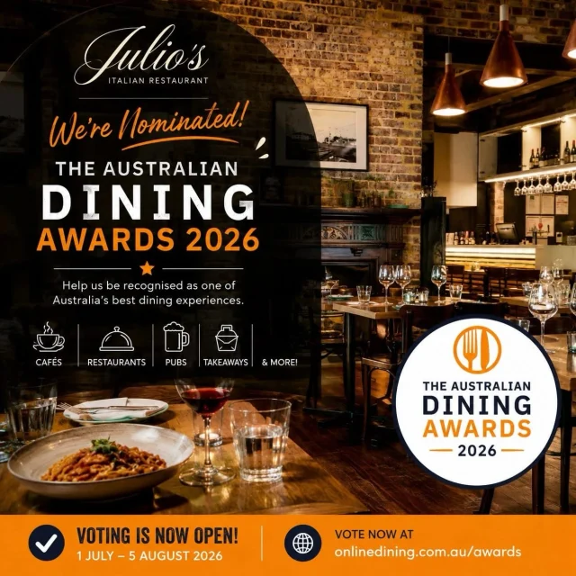 We're honored to be nominated for the Australian Dining Awards 2026.🎉

Every shared meal, every celebration and every familiar face around our table is what makes Julio's so special.

If we've been part of one of your favorite moments, we'd love your support.🍝🍕

Vote via the link in bio. ☺️