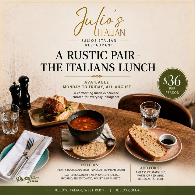 Tomorrow, it begins. 🇮🇹✨

From 1 August, experience Plateful Perth at Julio’s Italian with two exclusive menus created to celebrate authentic Italian flavours.

Whether it’s a relaxed weekday lunch with A Rustic Pair or a long, indulgent feast with A Rustic Italian Table, every dish is thoughtfully prepared and designed to be shared.

For one month only.
Pull up a chair, gather your favourite people, and let us bring a little taste of Italy to your table. 🍷🍝

📍 Julio’s Italian Restaurant | West Perth
📅 Available throughout August

Book your table today.

#JuliosItalian #PlatefulPerth #WestPerth #PerthEats #PerthFood 🍷✨🇮🇹🍝🤍