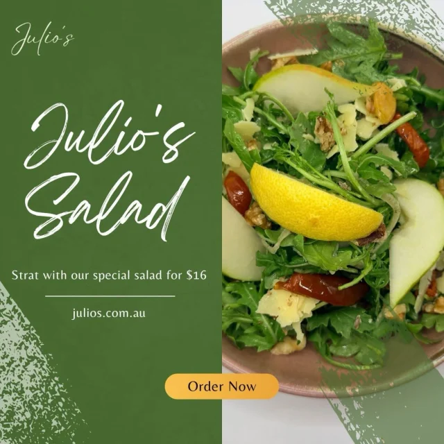 The kind of salad you'll order... and then quietly hope no one asks to share. 😉🥗

Peppery rocket, sweet pear 🍐, toasted walnuts, sun-blushed tomatoes 🍅, shaved fennel, parmesan 🧀, finished with fresh lemon 🍋 and extra virgin olive oil.

Light, vibrant and unmistakably Julio's. ✨🇮🇹

#JuliosItalian #JuliosPerth #PerthEats #PerthFood #PerthRestaurants 🥗🍐🍋✨🍷🇮🇹